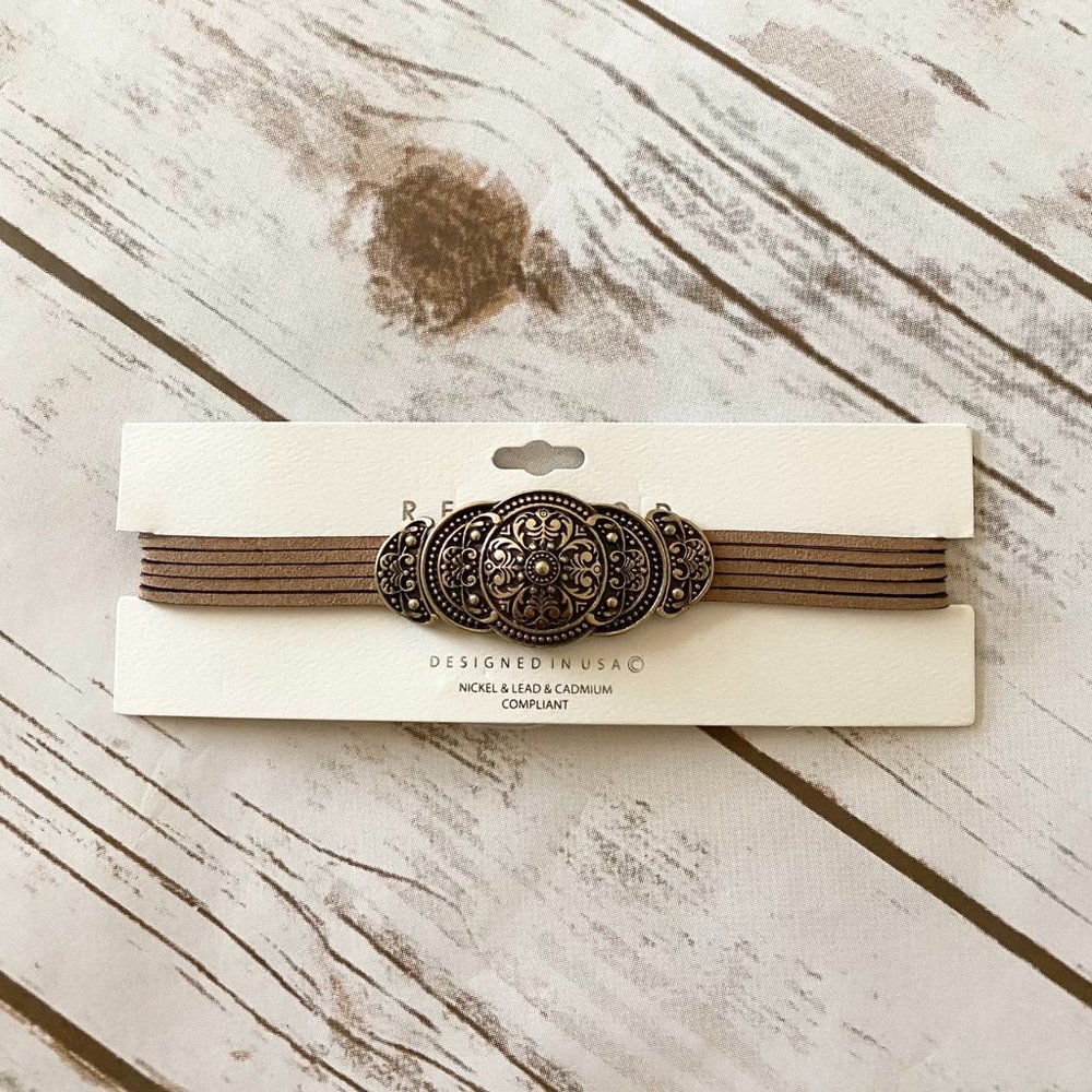 New Redwood Women's Brown Suede Layered Choker Necklace Filigree Design Brooch
